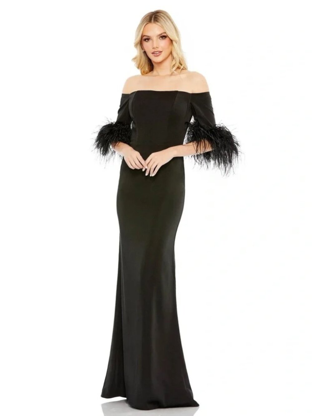 Mac Duggal 11441 Feather Sleeves Off The Shoulder Dress $498